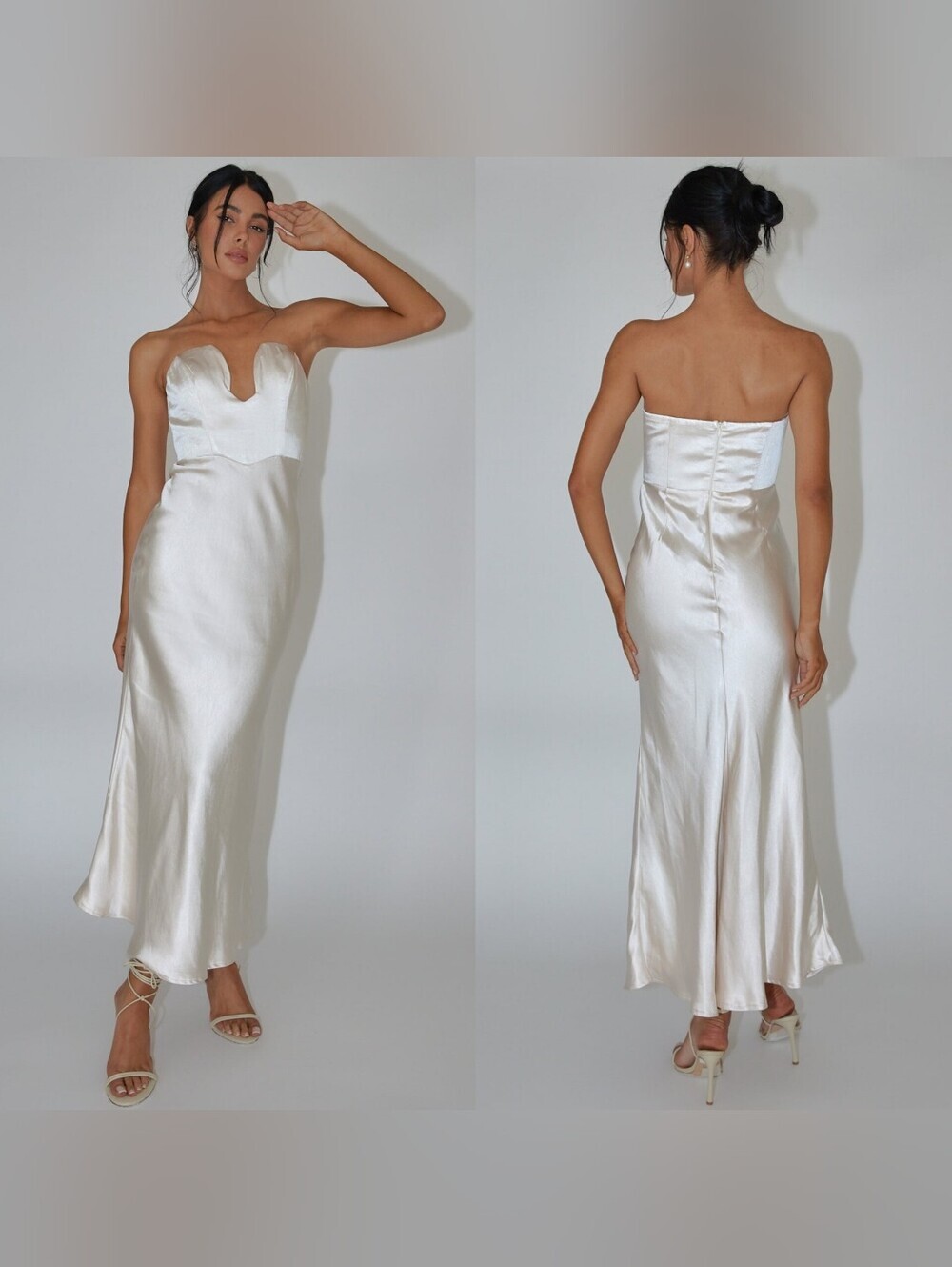 Selfie Leslie Saints & Secrets Encore Strapless Satin Maxi Dress Champagne S